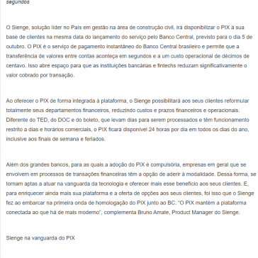 Sienge é a única plataforma para a construção a participar da homologação inicial do PIX – Portogente