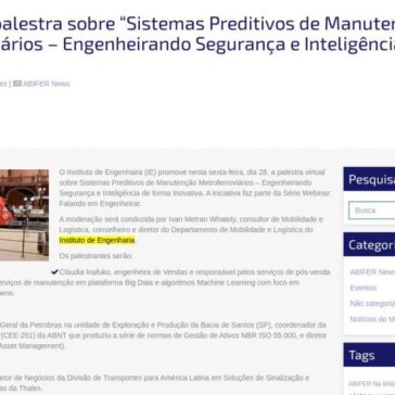 IE promove palestra sobre “Sistemas Preditivos de Manutenção Metroferroviários – Engenheirando Segurança e Inteligência de forma Inovativa” – ABIFER