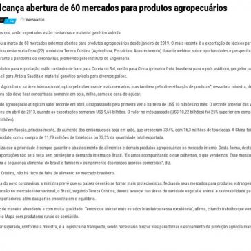 Brasil alcança abertura de 60 mercados para produtos agropecuários – Jornal Dia Dia