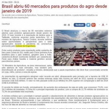 Brasil abriu 60 mercados para produtos do agro desde janeiro de 2019 – Agência de Notícias