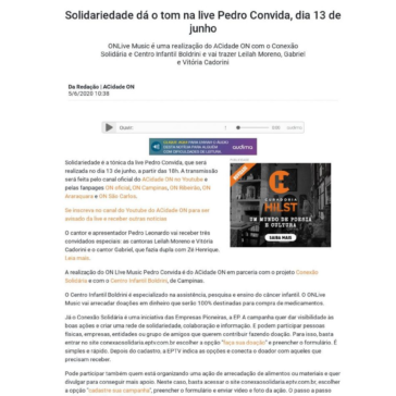 Solidariedade dá o tom na live Pedro Convida, dia 13 de junho – A Cidade On