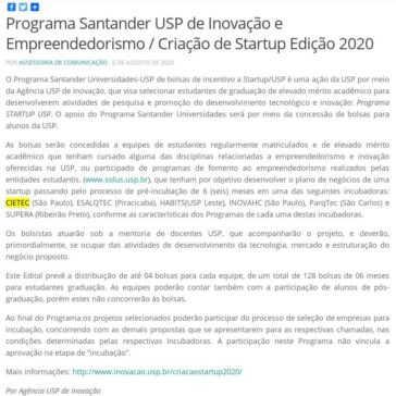 Programa Santander USP de Inovação e Empreendedorismo / Criação de Startup Edição 2020 – Campus USP de São Carlos
