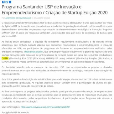 Programa Santander USP de Inovação e Empreendedorismo / Criação de Startup Edição 2020 – Campus USP de São Carlos