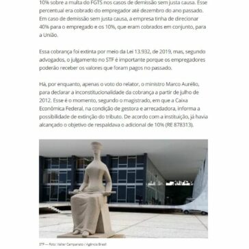 STF analisa constitucionalidade do adicional de 10% à multa do FGTS – Valor Econômico (On-line)