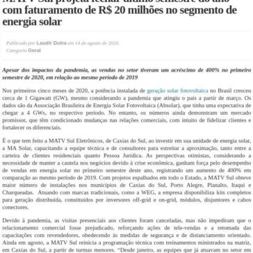 MATV Sul projeta fechar último semestre do ano com faturamento de R$ 20 milhões no segmento de energia solar – Jornal Ponto Inicial