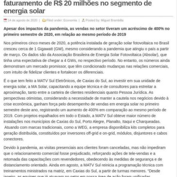 MATV Sul projeta fechar último semestre do ano com faturamento de R$ 20 milhões no segmento de energia solar – Sabe Caxias