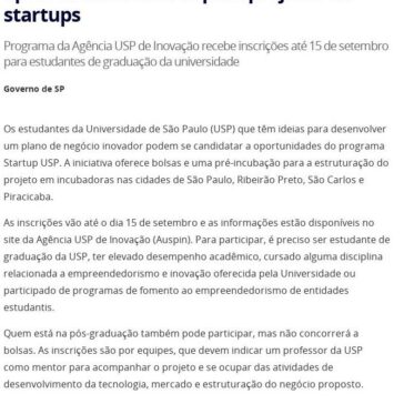 Alunos da USP podem ganhar bolsas e apoio de incubadoras para projetos de startups – Investe São Paulo