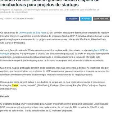 Alunos da USP podem ganhar bolsas e apoio de incubadoras para projetos de startups – Portal do Governo do Estado de São Paulo