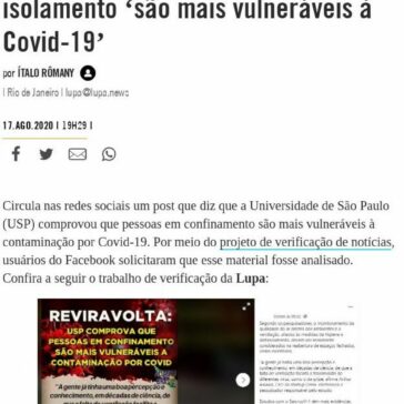 #Verificamos: É falso que a USP comprovou que pessoas em isolamento ‘são mais vulneráveis à Covid-19’ – Revista Piauí (Folha de S.Paulo)