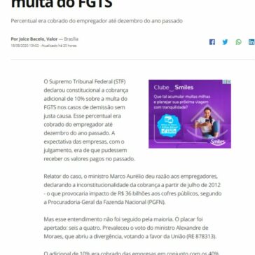 STF valida adicional de 10% da multa do FGTS – Valor Econômico (On-line)