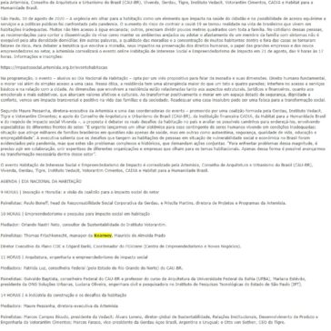 DIA NACIONAL DA HABITAÇÃO | Artemisia promove debate online para discutir habitação de interesse social e empreendedorismo de impacto – JorNow