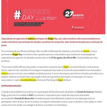 SINGER PROMOVE EVENTO ONLINE PARA CONSUMIDORES EM COMEMORAÇÃO AOS 169 ANOS DA MARCA – Costura Perfeita (On-line)