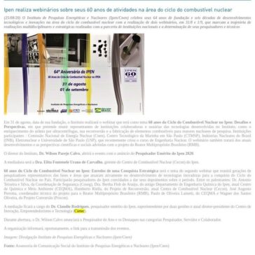 Ipen realiza webinários sobre seus 60 anos de atividades na área do ciclo do combustível nuclear – Associação Brasileira de Energia Nuclear