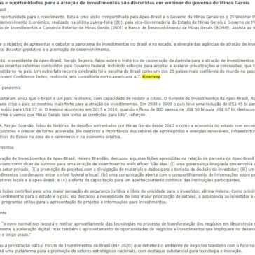 Lições aprendidas e oportunidades para a atração de investimentos são discutidas em webinar do governo de Minas Gerais – Apex Brasil