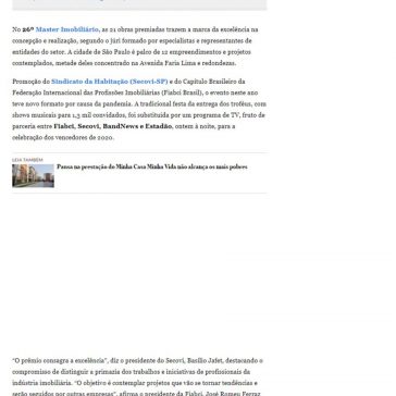 Master Imobiliário: Maioria dos prêmios é de São Paulo – O Estado de S. Paulo (On-line)