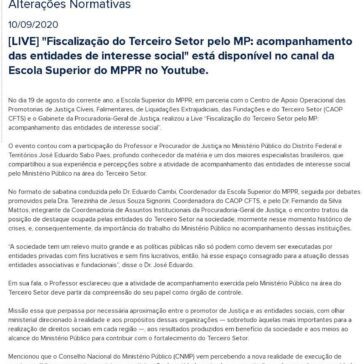 [LIVE] “Fiscalização do Terceiro Setor pelo MP: acompanhamento das entidades de interesse social” está disponível no canal da Escola Superior do MPP – Ministério Público do Estado do Paraná