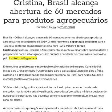 Sob o comando de Tereza Cristina, Brasil alcança abertura de 60 mercados para produtos agropecuários – MX Trading
