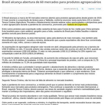 Brasil alcança abertura de 60 mercados para produtos agropecuários – AVES