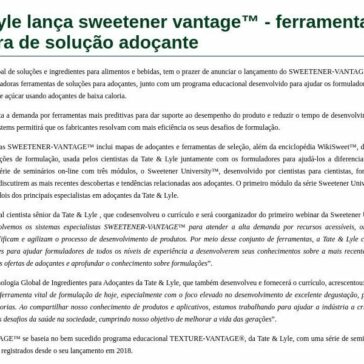 Tate & Lyle lança sweetener vantage™ – Aditivos & Ingredientes