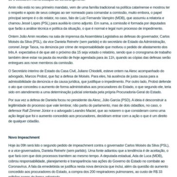 Impeachment: Entregue as defesas; Ministro afirma que Moisés poderia ter percebido o sobrepreço nos ventiladores; Novo processo de impeachment deve começar – SC em Pauta