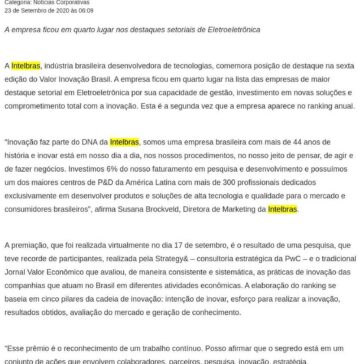 Intelbras é destaque no Prêmio Valor Inovação Brasil 2020 – Porto Gente