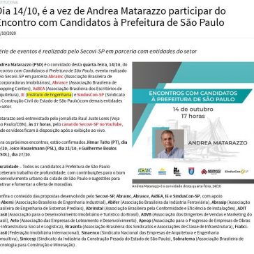 Dia 14/10, é a vez de Andrea Matarazzo participar do Encontro com Candidatos à Prefeitura de São Paulo – Secovi-SP