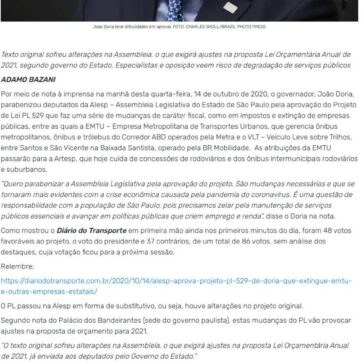 Doria parabeniza deputados pela aprovação de projeto que extingue EMTU e fala em ajustes no Orçamento por causa de emendas – Diário do Transporte