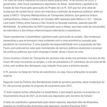 Doria parabeniza deputados pela aprovação de projeto que extingue EMTU e fala em ajustes no Orçamento por causa de emendas – Revista Ferroviária