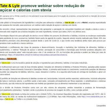 Tate & Lyle promove webinar sobre redução de açúcar e calorias com stevia – Aditivos & Ingredientes