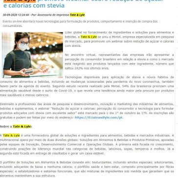 Tate & Lyle promove webinar sobre redução de açúcar e calorias com stevia – Guia Lat