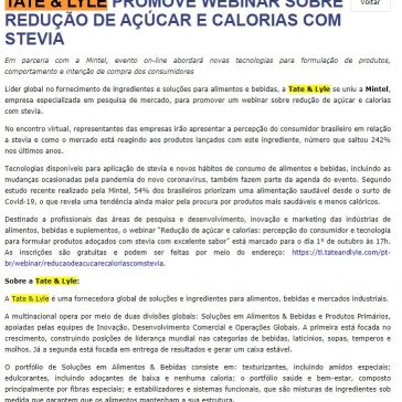 Tate & Lyle promove webinar sobre redução de açúcar e calorias com stevia – Revista FiB