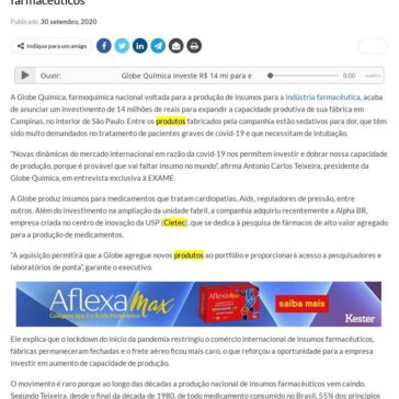 Globe Química investe R$ 14 mi para elevar produção de insumos farmacêuticos – Panorama Farmacêutico