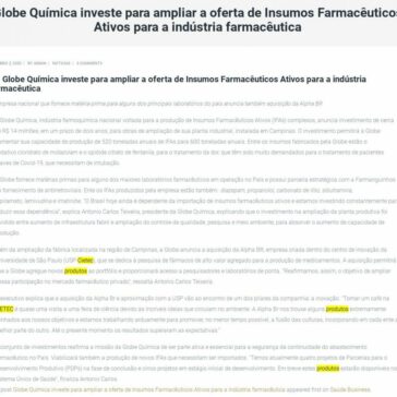 Globe Química investe para ampliar a oferta de Insumos Farmacêuticos Ativos para a indústria farmacêutica – Direito Médico Saúde