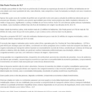 SEESP e entidades da área reivindicam implantação do VLT em manifesto aos candidatos – SEESP