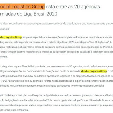 Mundial Logistics Group está entre as 20 agências premiadas do Liga Brasil 2020 – Guia Maritimo