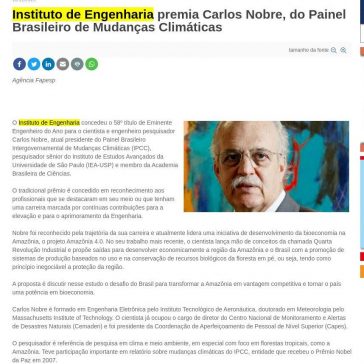 Instituto de Engenharia premia Carlos Nobre, do Painel Brasileiro de Mudanças Climáticas – SEESP