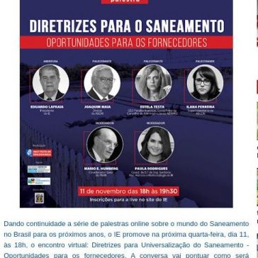 Instituto de Engenharia debate online quais são as oportunidades para os fornecedores de Saneamento no Brasil em 2021 – Blog do Patrício Nunes
