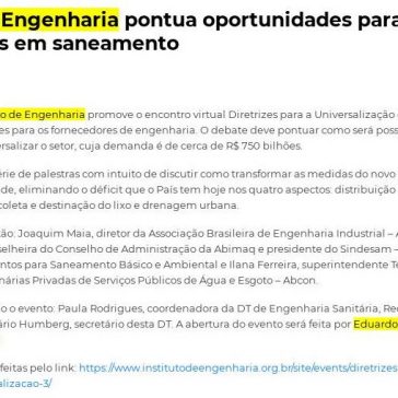 Instituto de Engenharia pontua oportunidades para os empreiteiros em saneamento – InfraRoi