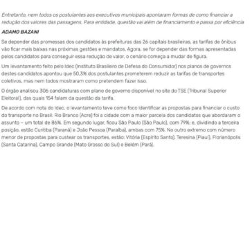 Metade dos 306 candidatos às prefeituras das 26 capitais promete reduzir a tarifa de ônibus, aponta levantamento do Idec – Diário do Transporte