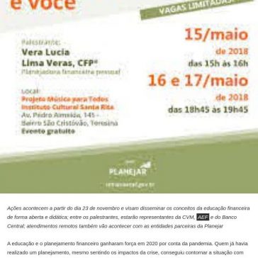 Em parceria com a CVM, Planejar realiza palestras gratuitas sobre planejamento financeiro na Semana ENEF – Tocantins Diário