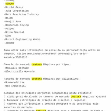 Mercado costura Máquinas com segmentação geográfica, participação de mercado, tamanho, previsão estatística e relatório do cenário competitivo para 2026 – Moldes Costura