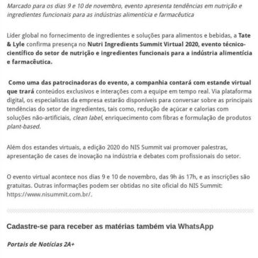 Tate & Lyle terá estande virtual no Nutri Ingredients Summit 2020 – 2A Alimentos