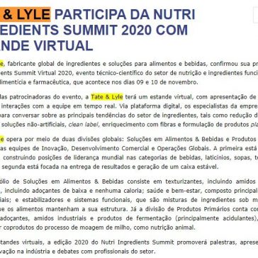 TATE & LYLE PARTICIPA DA NUTRI INGREDIENTS SUMMIT 2020 COM ESTANDE VIRTUAL – FIB