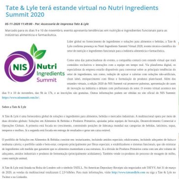 Tate & Lyle terá estande virtual no Nutri Ingredients Summit 2020 – Guia Lat