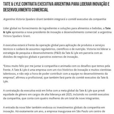 Tate & Lyle contrata executiva argentina para liderar inovação e desenvolvimento comercial – 2A Alimentos