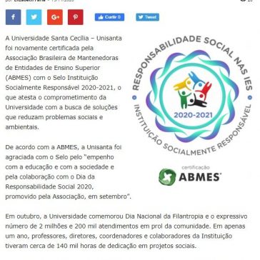 Unisanta recebe selo Instituição Socialmente Responsável da ABMES 2020/2021 – Unisanta