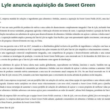 Tate & Lyle anuncia aquisição da Sweet Green Fields – Aditivos & Ingredientes