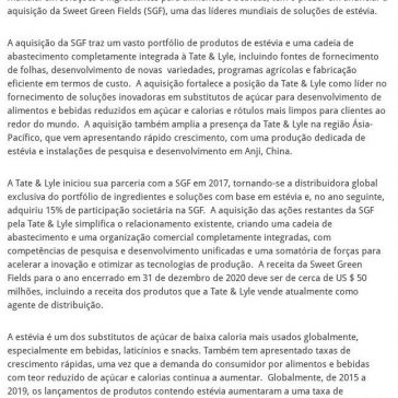 Tate & Lyle anuncia aquisição da Sweet Green Fields – 2A Alimentos