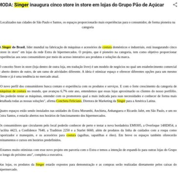 MODA: Singer inaugura cinco store in store em lojas do Grupo Pão de Açúcar – Oresumodamoda