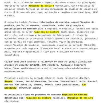 Global Máquinas de costura domésticas Análise de Impacto do Mercado com Coronavírus (COVID-19) – Moldes Costura